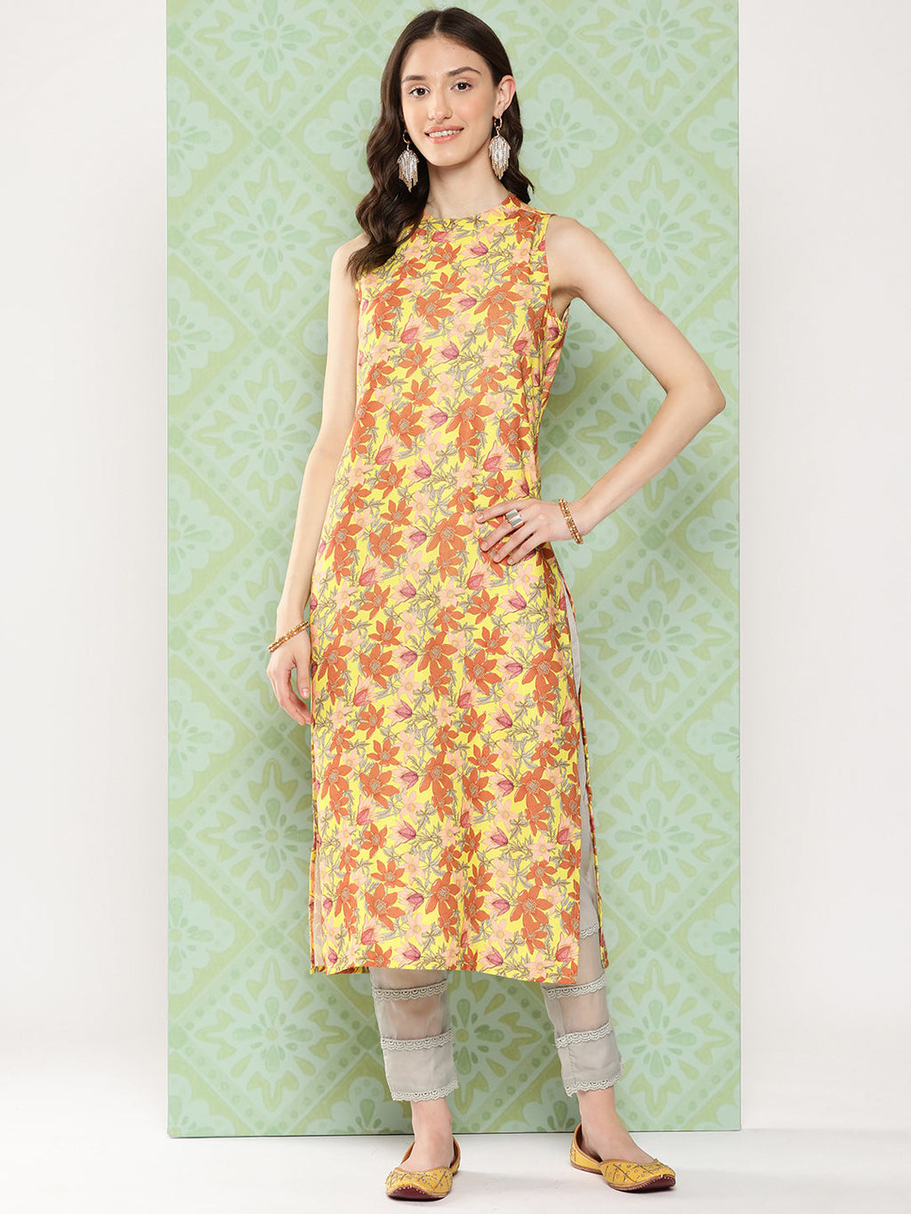 Janasya Women's Yellow Moss Digital Floral Printed Casual Straight Kurta | Grocsy