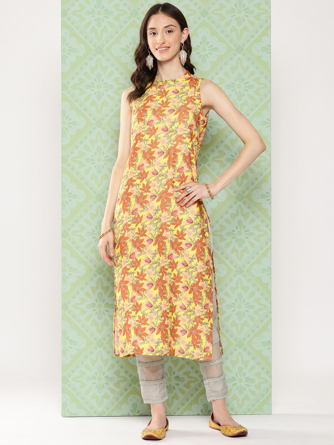 Janasya Women's Yellow Moss Digital Floral Printed Casual Straight Kurta | Grocsy