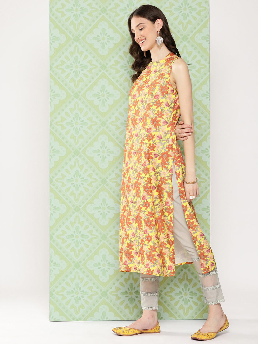 Janasya Women's Yellow Moss Digital Floral Printed Casual Straight Kurta | Grocsy