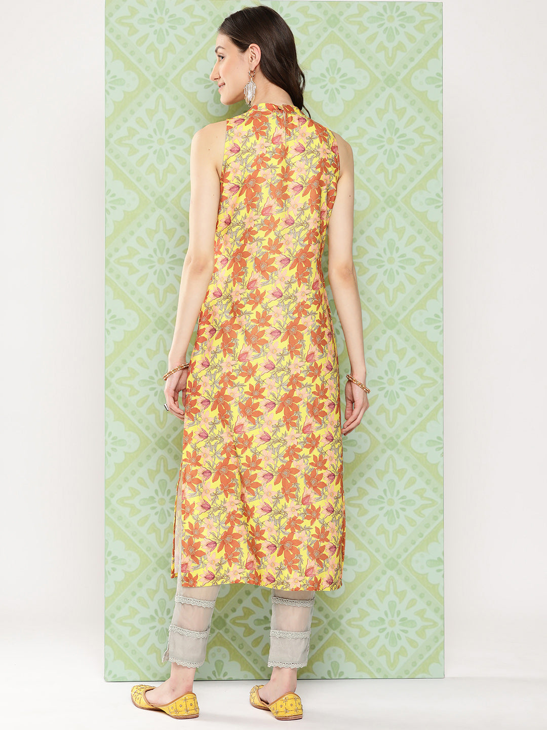 Janasya Women's Yellow Moss Digital Floral Printed Casual Straight Kurta | Grocsy