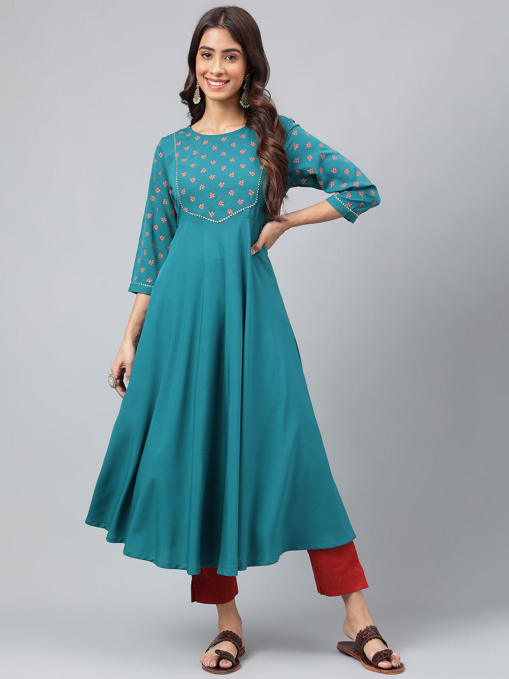 Janasya Women's Dark Green Crepe Foil Printed Festive A-Line Kurta | Grocsy