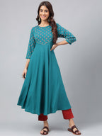 Janasya Women's Dark Green Crepe Foil Printed Festive A-Line Kurta | Grocsy