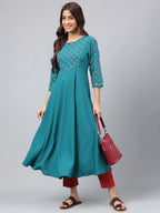 Janasya Women's Dark Green Crepe Foil Printed Festive A-Line Kurta | Grocsy