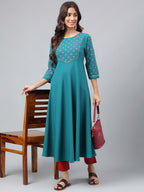 Janasya Women's Dark Green Crepe Foil Printed Festive A-Line Kurta | Grocsy