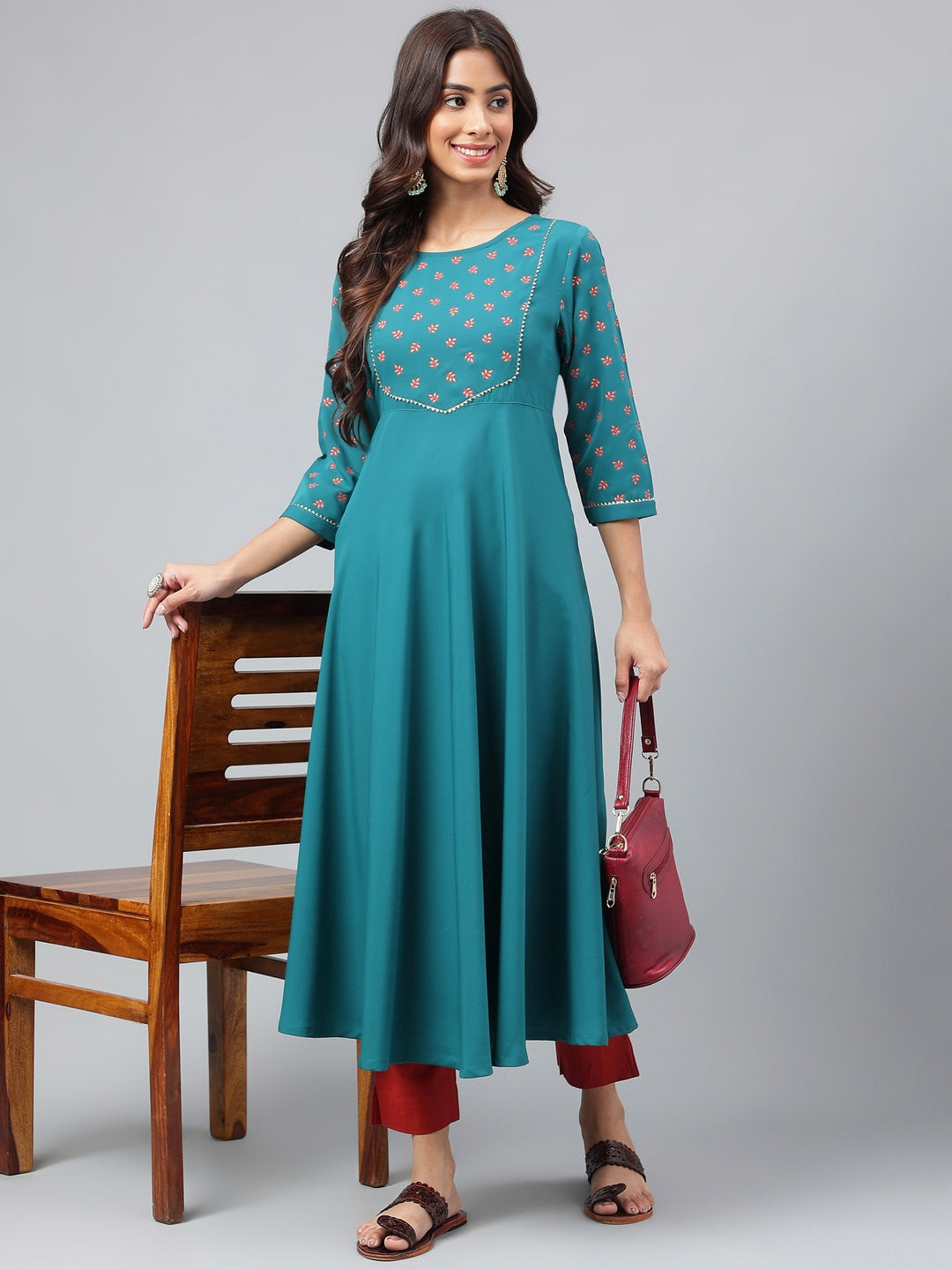 Janasya Women's Dark Green Crepe Foil Printed Festive A-Line Kurta | Grocsy