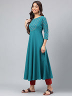 Janasya Women's Dark Green Crepe Foil Printed Festive A-Line Kurta | Grocsy