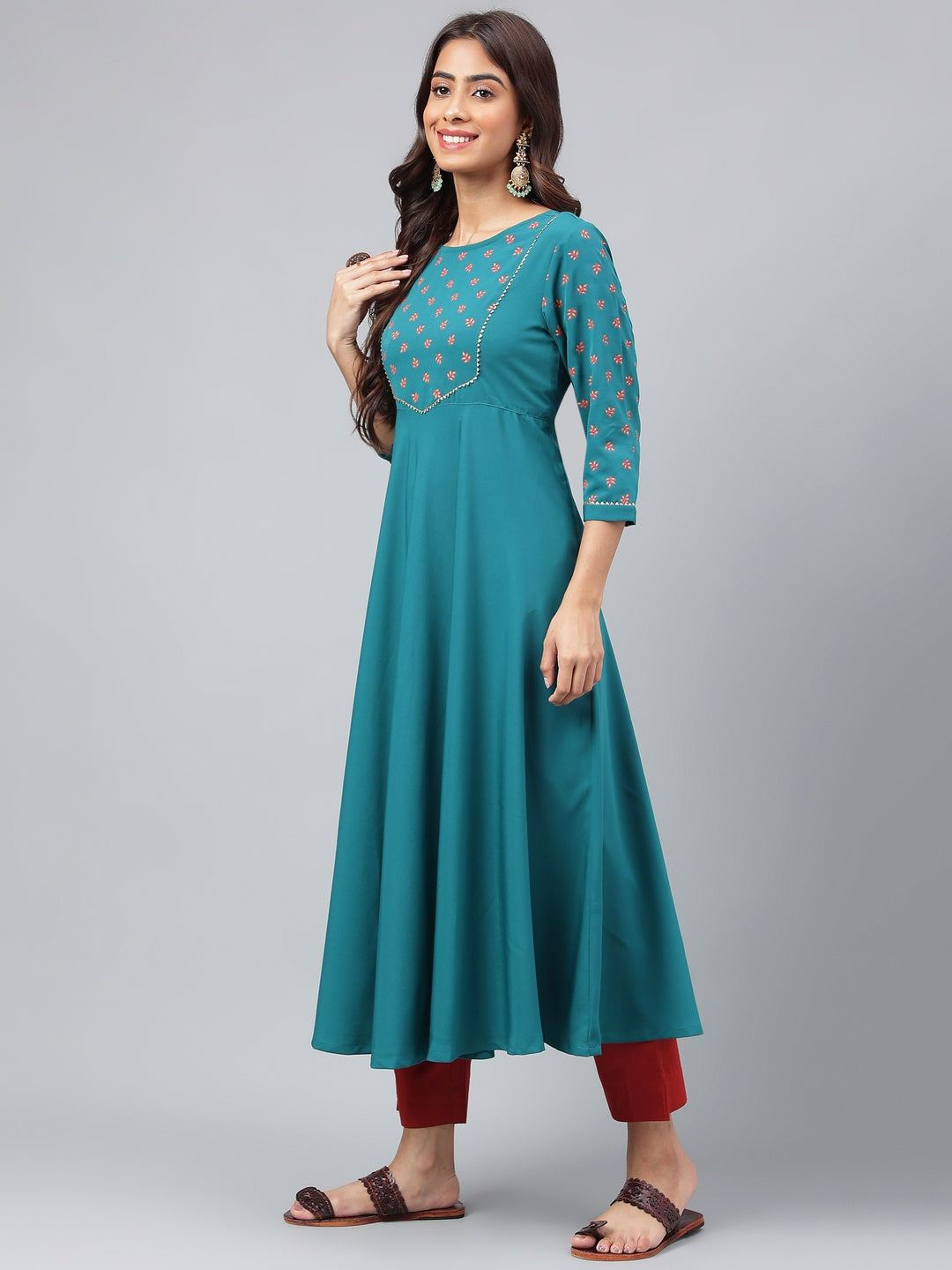 Janasya Women's Dark Green Crepe Foil Printed Festive A-Line Kurta | Grocsy