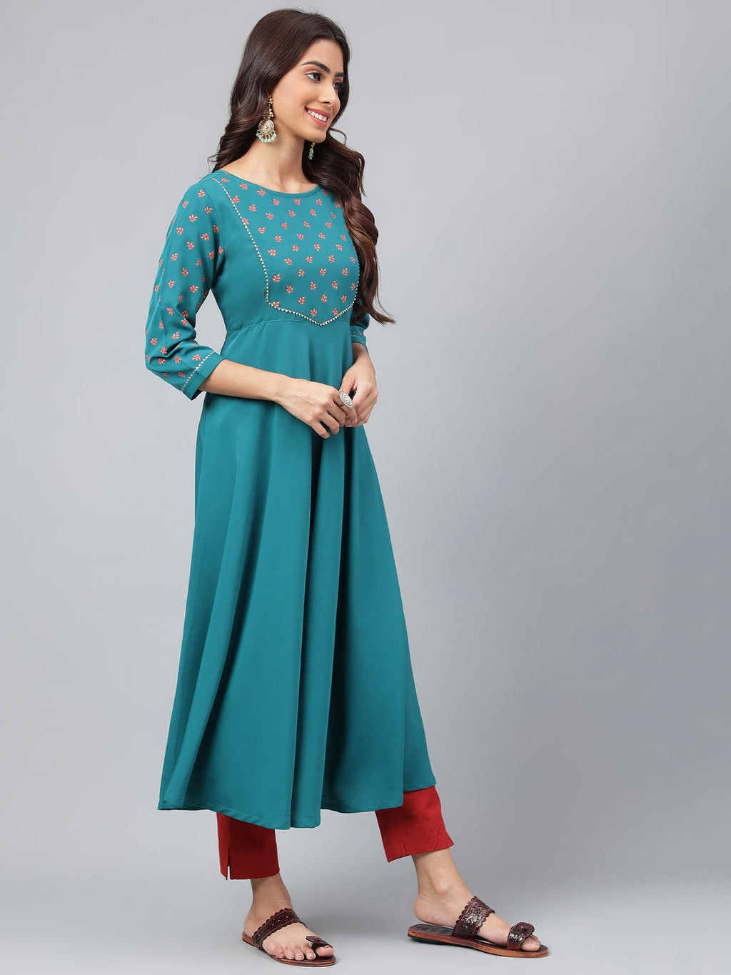 Janasya Women's Dark Green Crepe Foil Printed Festive A-Line Kurta | Grocsy