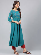 Janasya Women's Dark Green Crepe Foil Printed Festive A-Line Kurta | Grocsy