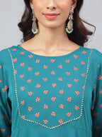 Janasya Women's Dark Green Crepe Foil Printed Festive A-Line Kurta | Grocsy
