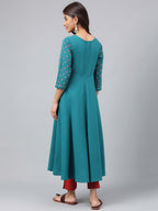 Janasya Women's Dark Green Crepe Foil Printed Festive A-Line Kurta | Grocsy