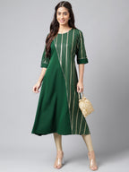 Janasya Women's Dark Green Crepe Foil Printed Casual A-Line Kurta | Grocsy