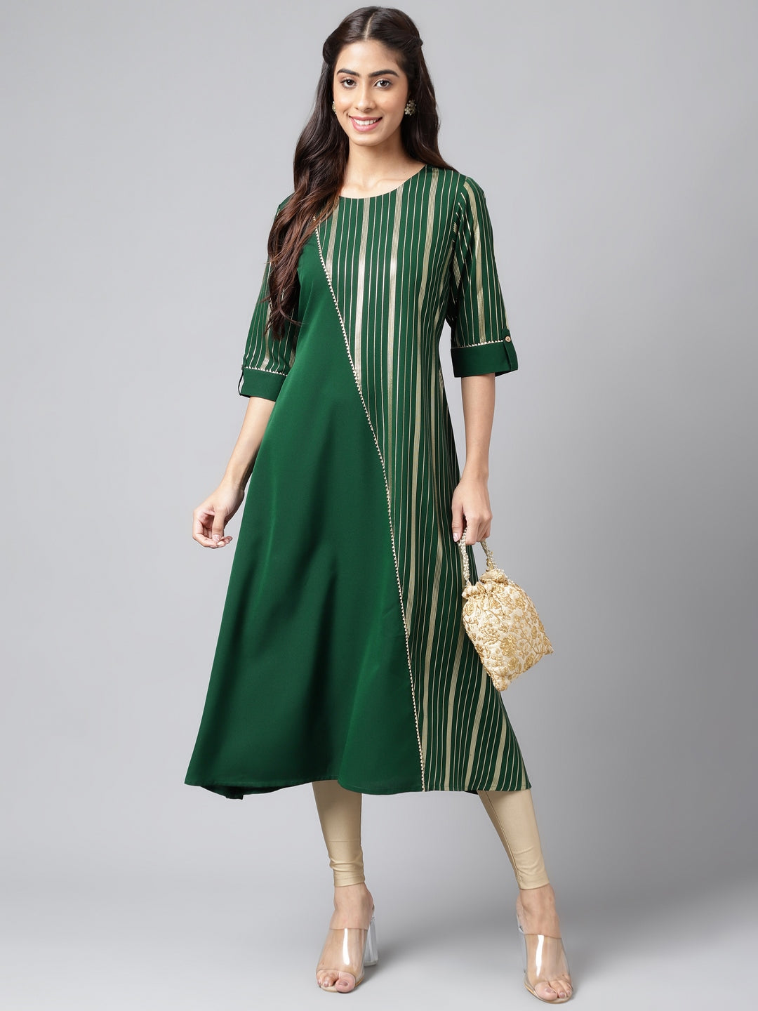 Janasya Women's Dark Green Crepe Foil Printed Casual A-Line Kurta | Grocsy