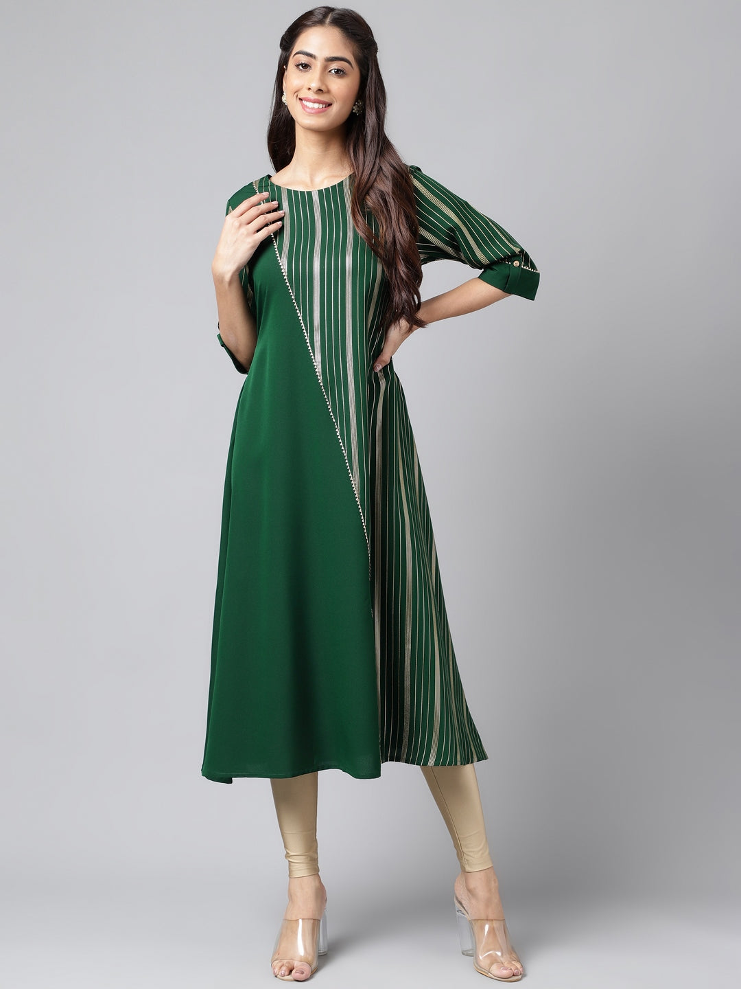 Janasya Women's Dark Green Crepe Foil Printed Casual A-Line Kurta | Grocsy