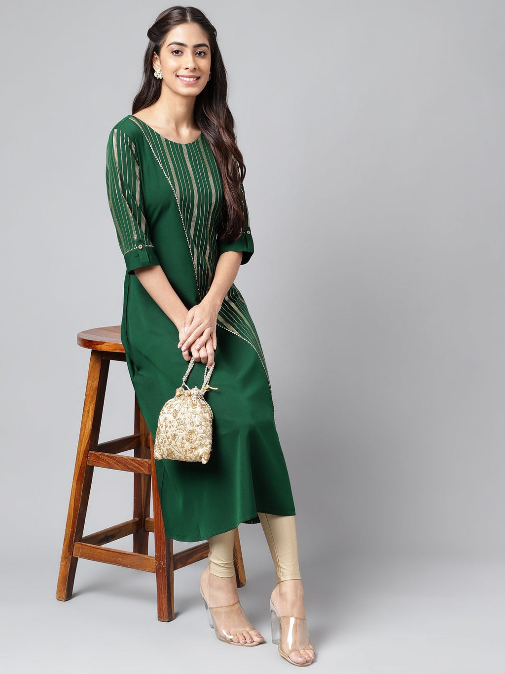 Janasya Women's Dark Green Crepe Foil Printed Casual A-Line Kurta | Grocsy