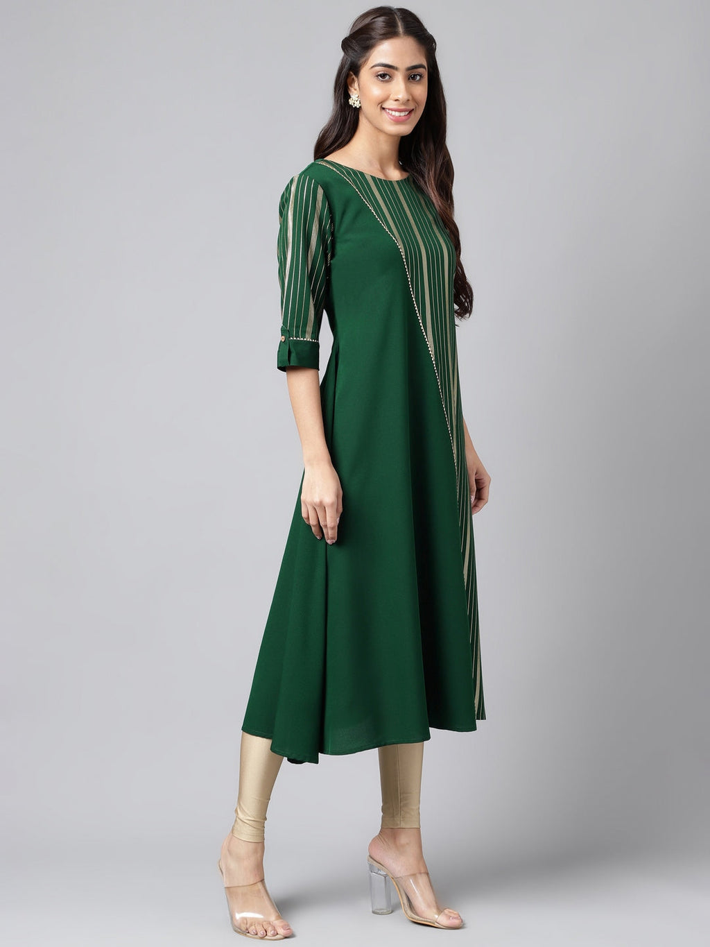 Janasya Women's Dark Green Crepe Foil Printed Casual A-Line Kurta | Grocsy