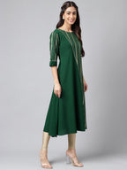 Janasya Women's Dark Green Crepe Foil Printed Casual A-Line Kurta | Grocsy