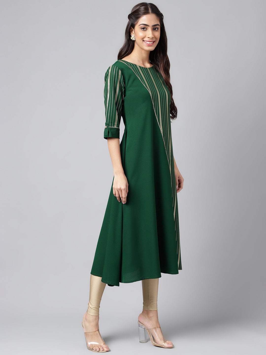 Janasya Women's Dark Green Crepe Foil Printed Casual A-Line Kurta | Grocsy