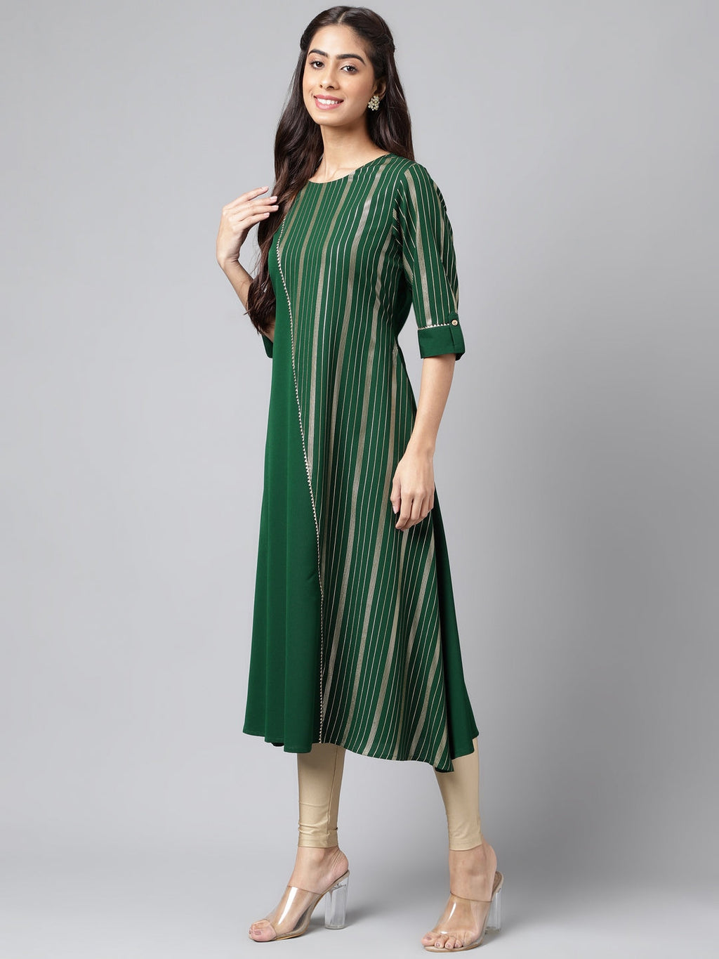 Janasya Women's Dark Green Crepe Foil Printed Casual A-Line Kurta | Grocsy