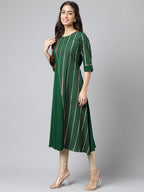Janasya Women's Dark Green Crepe Foil Printed Casual A-Line Kurta | Grocsy