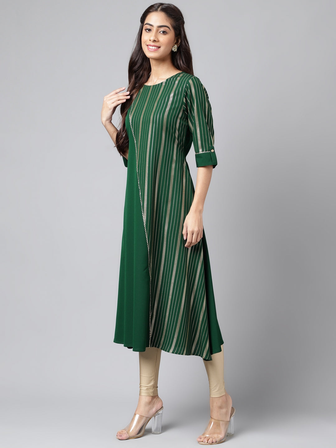 Janasya Women's Dark Green Crepe Foil Printed Casual A-Line Kurta | Grocsy