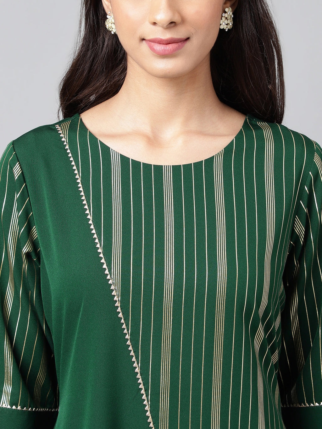 Janasya Women's Dark Green Crepe Foil Printed Casual A-Line Kurta | Grocsy