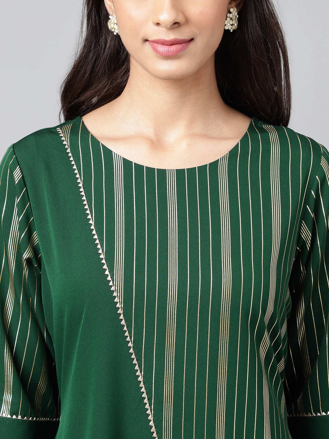 Janasya Women's Dark Green Crepe Foil Printed Casual A-Line Kurta | Grocsy