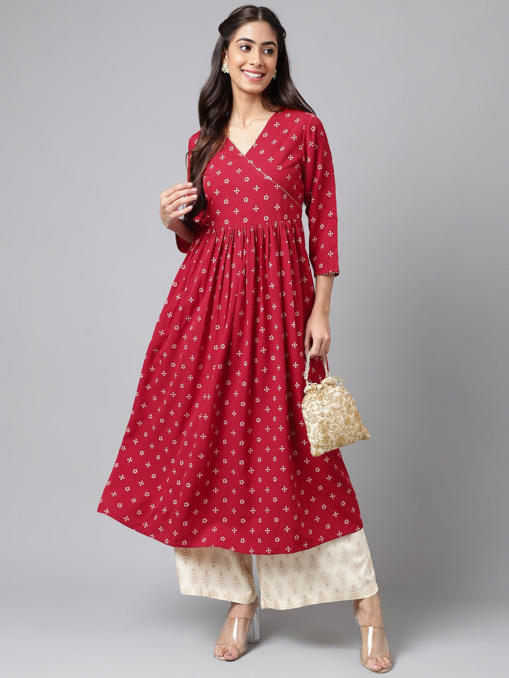 Janasya Women's Maroon Crepe Bandhani Printed Casual Flared Kurta | Grocsy