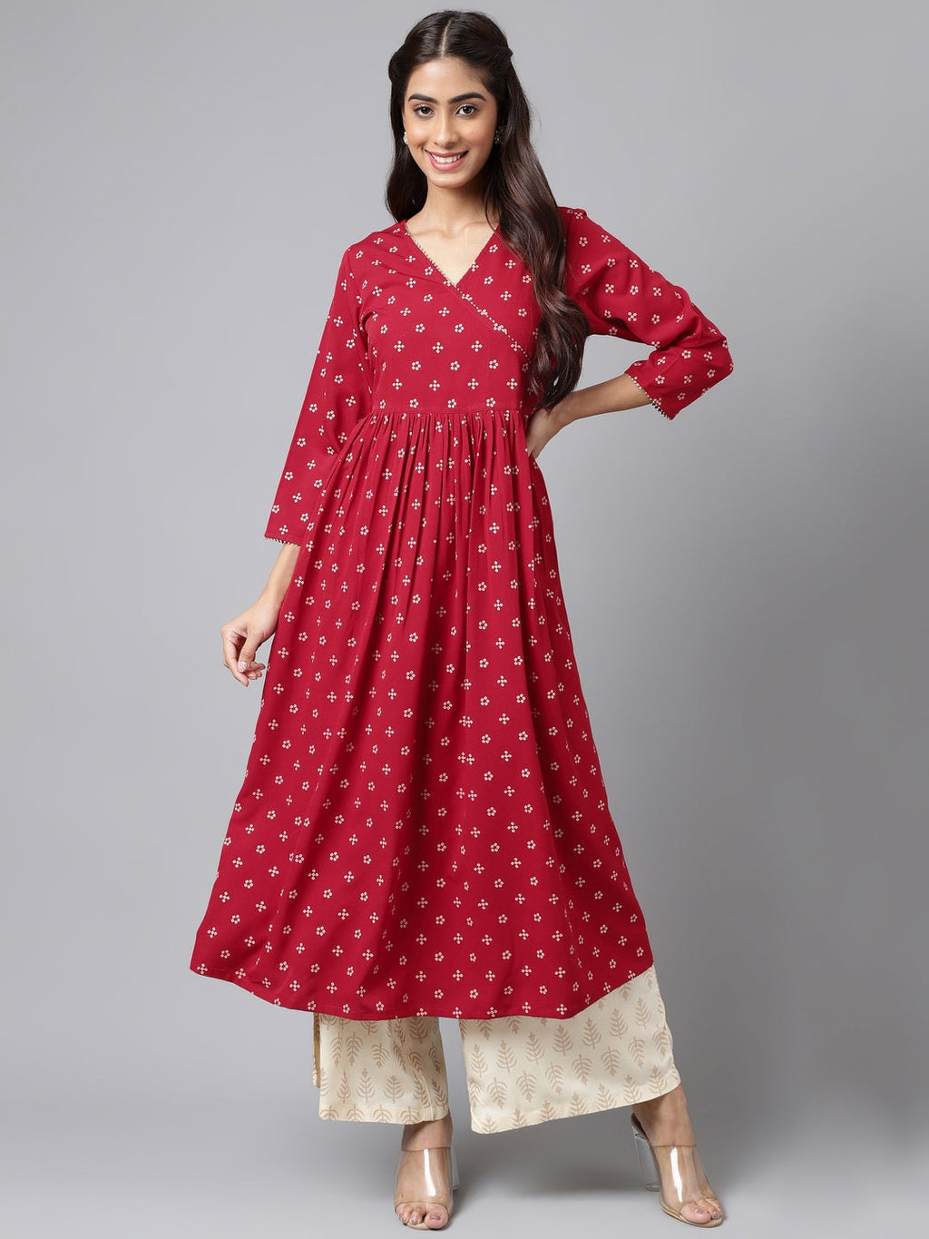 Janasya Women's Maroon Crepe Bandhani Printed Casual Flared Kurta | Grocsy