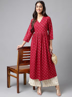 Janasya Women's Maroon Crepe Bandhani Printed Casual Flared Kurta | Grocsy