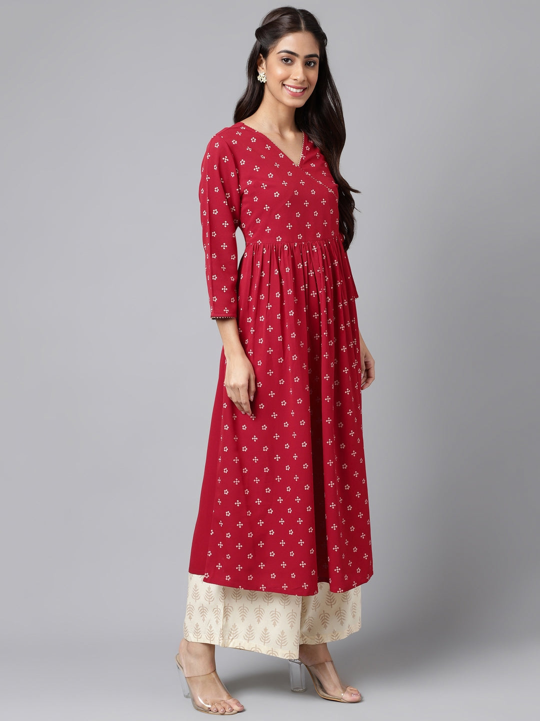 Janasya Women's Maroon Crepe Bandhani Printed Casual Flared Kurta | Grocsy