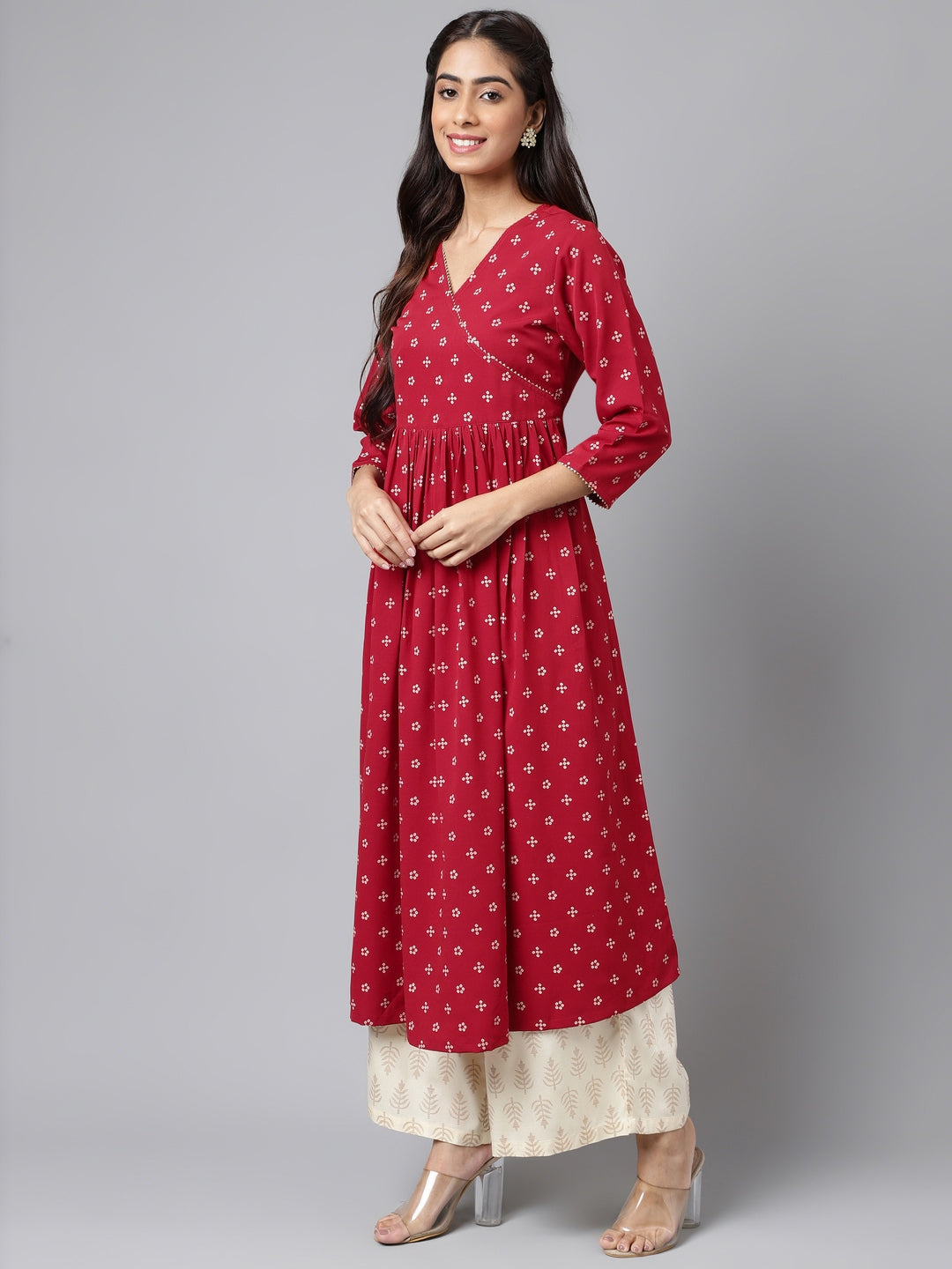 Janasya Women's Maroon Crepe Bandhani Printed Casual Flared Kurta | Grocsy