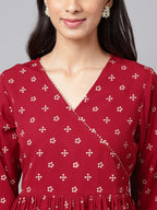Janasya Women's Maroon Crepe Bandhani Printed Casual Flared Kurta | Grocsy