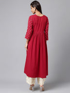 Janasya Women's Maroon Crepe Bandhani Printed Casual Flared Kurta | Grocsy