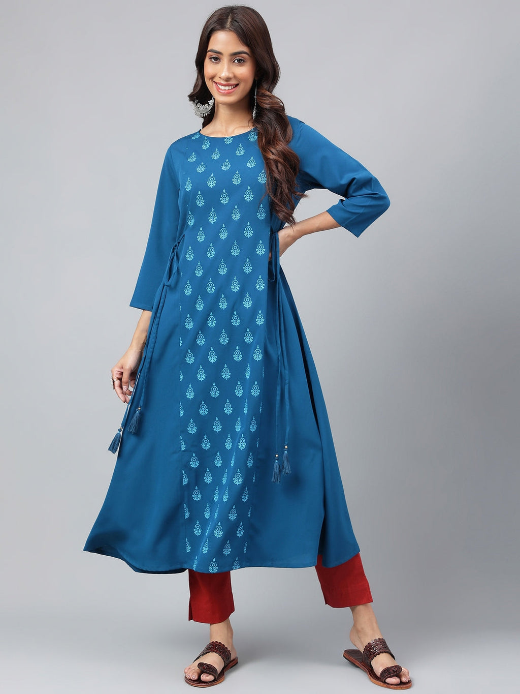 Janasya Women's Teal Blue Crepe Ethnic Motif Printed Festive A-Line Kurta | Grocsy