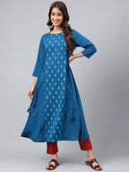 Janasya Women's Teal Blue Crepe Ethnic Motif Printed Festive A-Line Kurta | Grocsy
