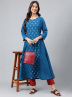 Janasya Women's Teal Blue Crepe Ethnic Motif Printed Festive A-Line Kurta | Grocsy