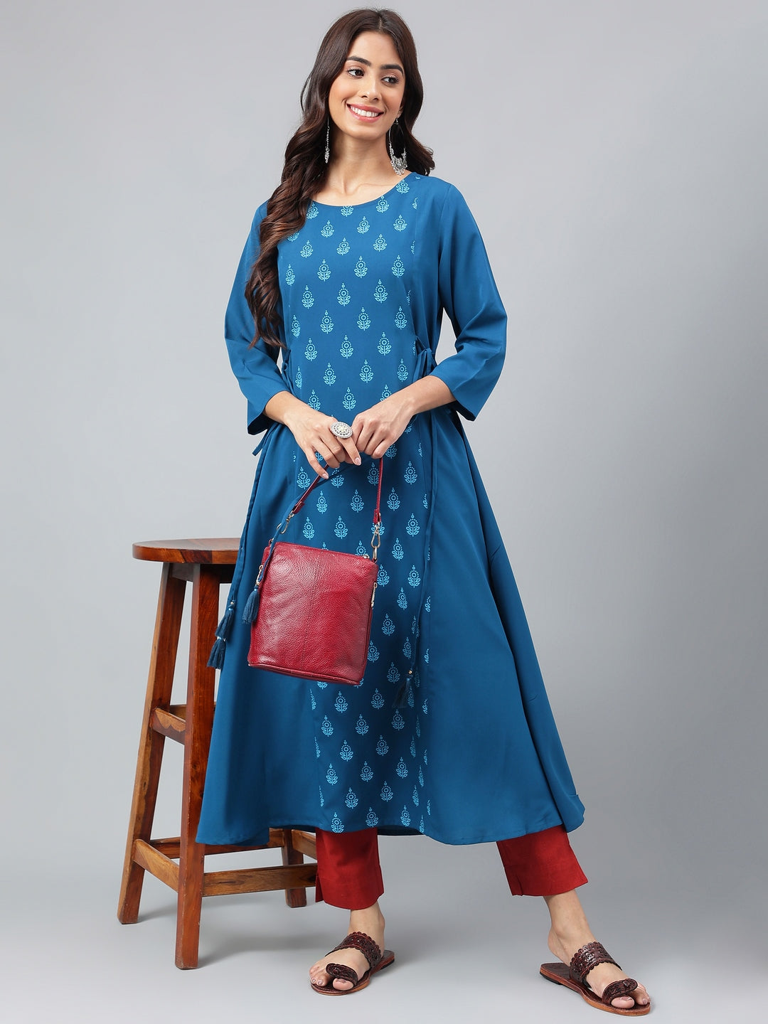 Janasya Women's Teal Blue Crepe Ethnic Motif Printed Festive A-Line Kurta | Grocsy