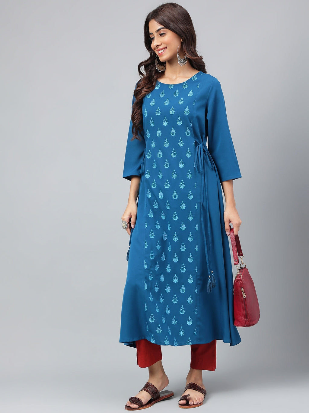 Janasya Women's Teal Blue Crepe Ethnic Motif Printed Festive A-Line Kurta | Grocsy