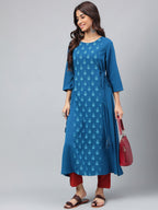 Janasya Women's Teal Blue Crepe Ethnic Motif Printed Festive A-Line Kurta | Grocsy