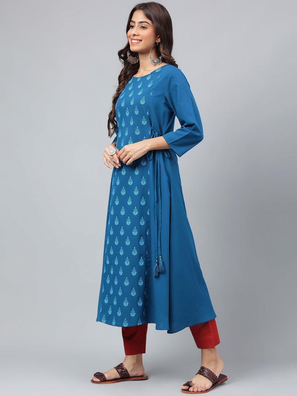 Janasya Women's Teal Blue Crepe Ethnic Motif Printed Festive A-Line Kurta | Grocsy