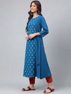 Janasya Women's Teal Blue Crepe Ethnic Motif Printed Festive A-Line Kurta | Grocsy