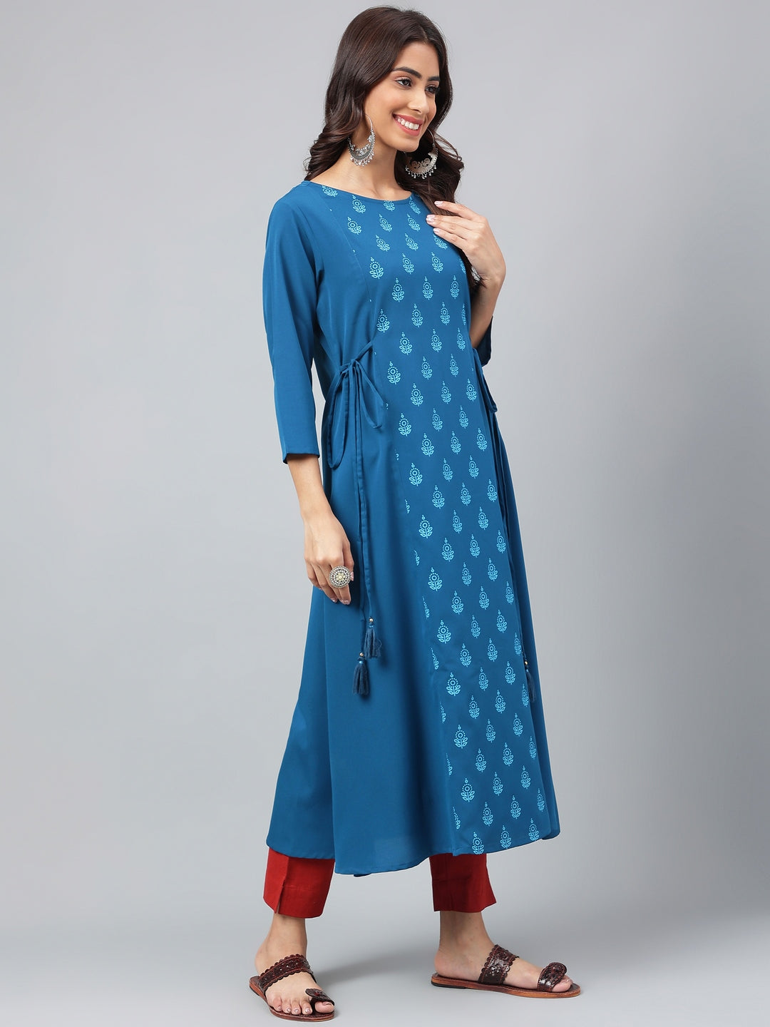 Janasya Women's Teal Blue Crepe Ethnic Motif Printed Festive A-Line Kurta | Grocsy