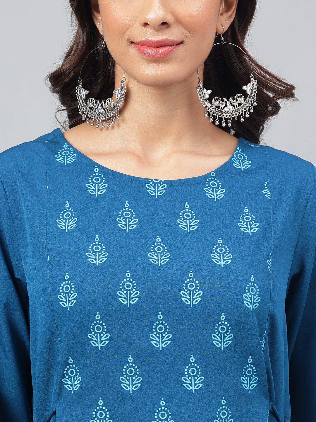 Janasya Women's Teal Blue Crepe Ethnic Motif Printed Festive A-Line Kurta | Grocsy