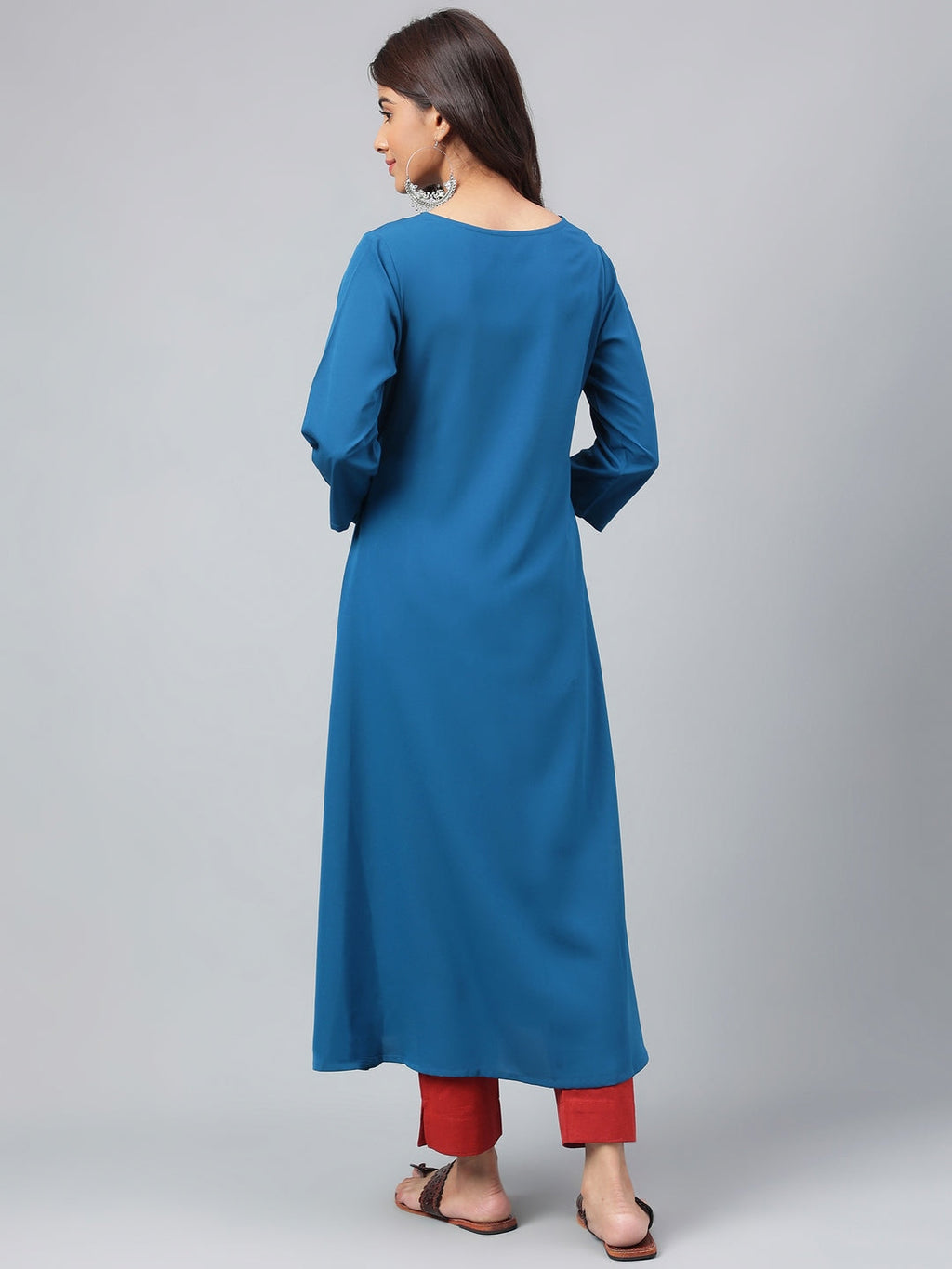 Janasya Women's Teal Blue Crepe Ethnic Motif Printed Festive A-Line Kurta | Grocsy