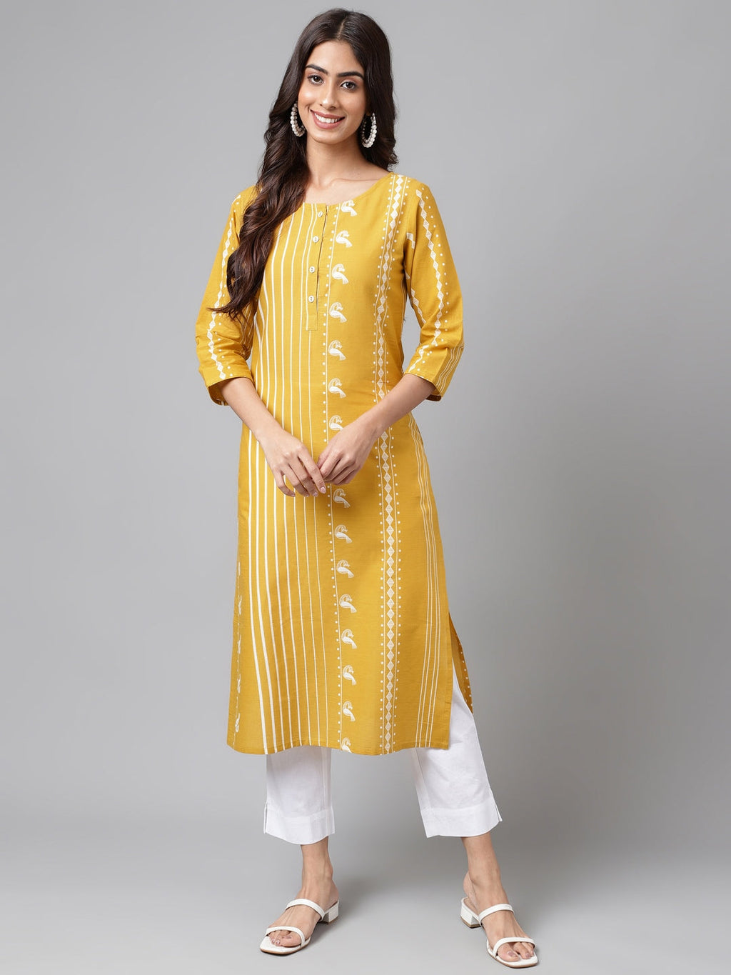 Janasya Women's Yellow Cotton Ethnic Motif Printed Casual Straight Kurta | Grocsy