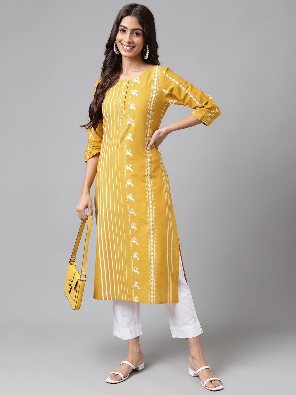 Janasya Women's Yellow Cotton Ethnic Motif Printed Casual Straight Kurta | Grocsy
