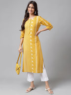 Janasya Women's Yellow Cotton Ethnic Motif Printed Casual Straight Kurta | Grocsy