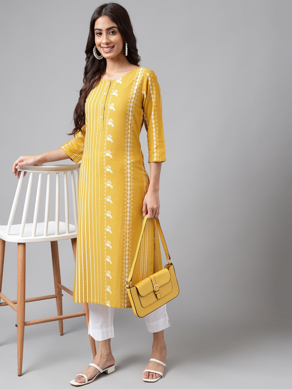 Janasya Women's Yellow Cotton Ethnic Motif Printed Casual Straight Kurta | Grocsy
