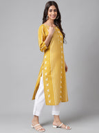 Janasya Women's Yellow Cotton Ethnic Motif Printed Casual Straight Kurta | Grocsy